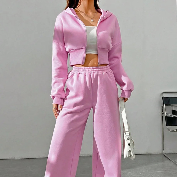 Pink Casual Women's Spring Zip Front Hooded Sweatshirt And Pants Two Piece Set - Picture 3 of 7